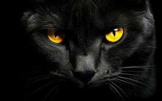 ai gegenereerd de uiteinde van een loop van een zwart kat met geel ogen. de gezicht van een kat. foto
