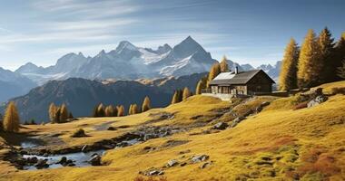 ai gegenereerd een afgelegen hut genesteld in de bergen, omringd door de rijk kleuren van vallen foto