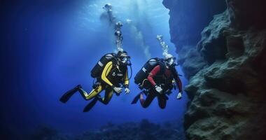 ai gegenereerd de gedurfd odyssee van twee scuba enthousiastelingen verkennen de geheimen van een onderwater- grot foto