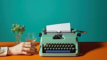 ai gegenereerd een verborgen persona omarmt de schrijven werkwijze, vergezeld door wijn en een antiek schrijfmachine, reeks tegen een dynamisch tweekleurig achtergrond foto
