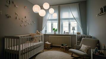 ai gegenereerd schattig interieur van licht kinderen kamer met baby bodysuits, lamp en tafel foto