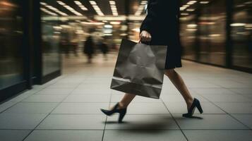 ai gegenereerd wazig beweging van vrouw wandelen en Holding papier boodschappen doen zak in terug visie foto