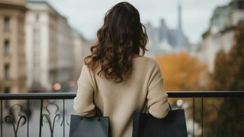 ai gegenereerd achterzijde visie van brunette vrouw Holding boodschappen doen zak met vervagen bokeh buitenshuis achtergrond foto