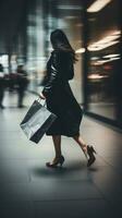 ai gegenereerd wazig beweging van vrouw wandelen en Holding zwart papier boodschappen doen zak foto