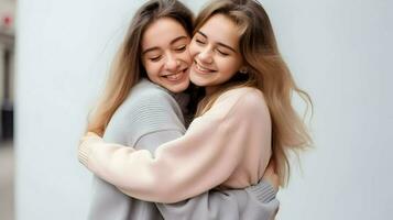 ai gegenereerd twee gelukkig aanhankelijk jong vrouw knuffelen elk andere terwijl lachend knuffel dag achtergrond foto