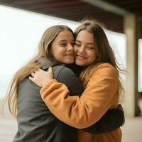 ai gegenereerd lachend vrouw vrienden knuffelen elk andere wereld knuffel dag concept foto