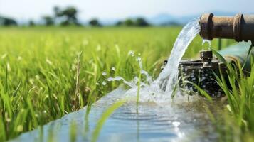 ai gegenereerd de krachtig stromen van water van een groot pomp buis in een weelderig rijst- veld- foto