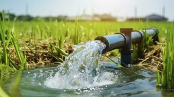 ai gegenereerd irrigatie innovatie - vastleggen de dynamisch water stromen van een enorm pomp buis in een rijst- rijstveld foto