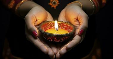 ai gegenereerd de delicaat schoonheid van henna-versierd handen wieg een kaarsen vlam, reeks tegen een donker backdrop foto