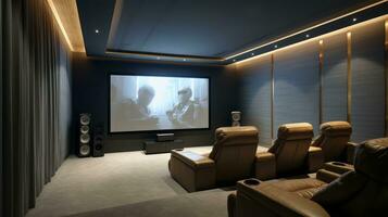 ai gegenereerd de charme en innovatie van een huis bioscoop kamer ontworpen voor film aficionados foto