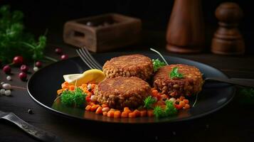 ai gegenereerd bord met smakelijk linze schnitzels Aan tafel foto