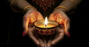 ai gegenereerd een vrouw handen versierd met henna- kunst Holding een lit kaars, geïsoleerd tegen een zwart achtergrond foto