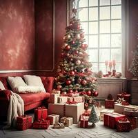 knus leven kamer met mooi Kerstmis boom en rood cadeaus in modern interieur. interieur van leven kamer versierd voor vrolijk Kerstmis met sokken, geschenk dozen en Kerstmis accessoires door ai gegenereerd foto