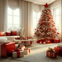 knus leven kamer met mooi Kerstmis boom en rood cadeaus in modern interieur. interieur van leven kamer versierd voor vrolijk Kerstmis met sokken, geschenk dozen en Kerstmis accessoires door ai gegenereerd foto