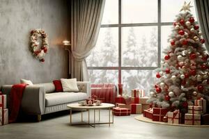 knus leven kamer met mooi Kerstmis boom en rood cadeaus in modern interieur. interieur van leven kamer versierd voor vrolijk Kerstmis met sokken, geschenk dozen en Kerstmis accessoires door ai gegenereerd foto