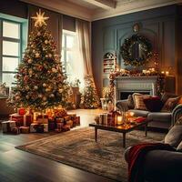 knus leven kamer met mooi Kerstmis boom en rood cadeaus in modern interieur. interieur van leven kamer versierd voor vrolijk Kerstmis met sokken, geschenk dozen en Kerstmis accessoires door ai gegenereerd foto