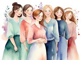ai gegenereerd gelukkig Dames groep voor Internationale vrouwen dag , waterverf stijl illustratie gelukkig Dames dag foto