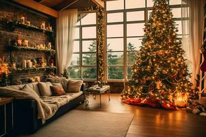 knus leven kamer met mooi Kerstmis boom en rood cadeaus in modern interieur. interieur van leven kamer versierd voor vrolijk Kerstmis met sokken, geschenk dozen en Kerstmis accessoires door ai gegenereerd foto