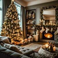 knus leven kamer met mooi Kerstmis boom en rood cadeaus in modern interieur. interieur van leven kamer versierd voor vrolijk Kerstmis met sokken, geschenk dozen en Kerstmis accessoires door ai gegenereerd foto