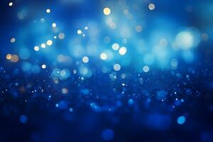 ai gegenereerd mooi bokeh en sparkles Aan een blauw achtergrond. foto