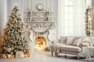 knus leven kamer met mooi Kerstmis boom en rood cadeaus in modern interieur. interieur van leven kamer versierd voor vrolijk Kerstmis met sokken, geschenk dozen en Kerstmis accessoires door ai gegenereerd foto