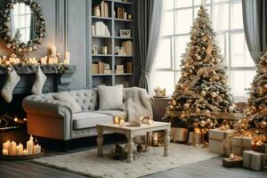 knus leven kamer met mooi Kerstmis boom en rood cadeaus in modern interieur. interieur van leven kamer versierd voor vrolijk Kerstmis met sokken, geschenk dozen en Kerstmis accessoires door ai gegenereerd foto