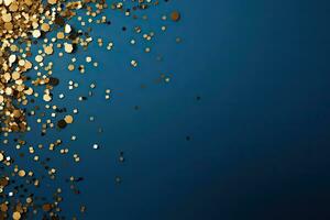 ai gegenereerd donker blauw achtergrond met gouden confetti Aan de rand foto