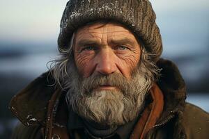 ai gegenereerd portret van oud Mens tegen de backdrop van een wazig winter landschap foto