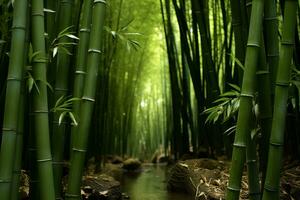 ai gegenereerd landschap van bamboe Woud met kalmte rivier- foto