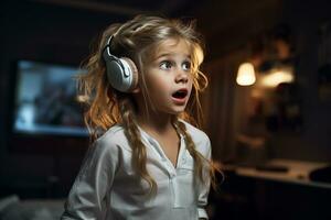 ai gegenereerd weinig meisje luistert naar muziek- Aan hoofdtelefoons in de avond in de leven kamer foto