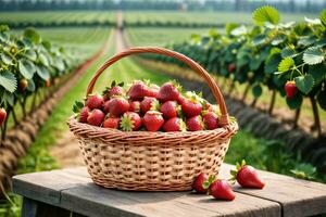 ai gegenereerd aardbeien in een mand Aan een houten tafel foto