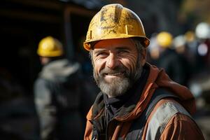 ai gegenereerd portret van een Mens arbeider in een moeilijk hoed Aan een wazig industrieel achtergrond foto