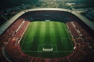 ai gegenereerd antenne vaststelling schot van een geheel stadion met voetbal kampioenschap wedstrijd. teams Speel, menigte van fans juichen. sport- concept. foto