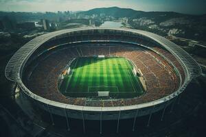 ai gegenereerd antenne vaststelling schot van een geheel stadion met voetbal kampioenschap wedstrijd. teams Speel, menigte van fans juichen. sport- concept. foto