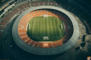 ai gegenereerd antenne vaststelling schot van een geheel stadion met voetbal kampioenschap wedstrijd. teams Speel, menigte van fans juichen. sport- concept. foto