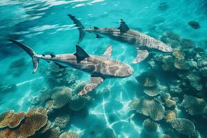 ai gegenereerd antenne visie van dolfijnen zwemmen door tropisch blauw water foto