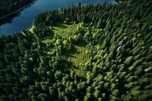 ai gegenereerd antenne visie van over- donker pijnboom Woud bomen. top naar beneden dar visie. foto