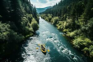 ai gegenereerd antenne visie van berg rivier- mensen raften in kreek. extreem vitaliteit foto