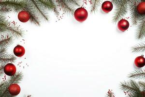 ai gegenereerd Spar boom takken met rood Kerstmis ballen kader foto