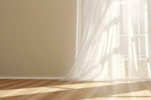 ai gegenereerd realistisch 3d geven van mooi zonlicht en venster kader schaduw Aan beige blanco muur, wit puur gordijnen blazen in de wind in een leeg kamer. glimmend nieuw houten parket vloer. foto