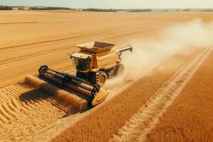 ai gegenereerd oogstmachine machine werken in veld- . combineren oogstmachine landbouw machine oogsten gouden rijp tarwe veld. landbouw. antenne visie. van bovenstaande. foto