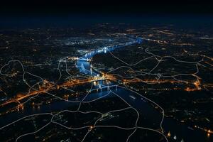 ai gegenereerd verlichte haven stad- Bij nacht. antenne visie Aan rivier- donker lucht. levendig nacht leven. foto