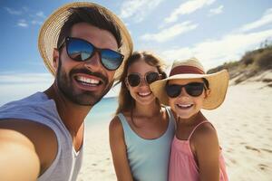 ai gegenereerd gelukkig familie nemen selfie Aan strand in de buurt zee. zomer vakantie foto