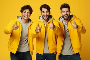 ai gegenereerd portret van een drie gelukkig jong mannen tonen duimen omhoog geïsoleerd over- geel achtergrond foto