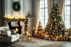 knus leven kamer met mooi Kerstmis boom en rood cadeaus in modern interieur. interieur van leven kamer versierd voor vrolijk Kerstmis met sokken, geschenk dozen en Kerstmis accessoires door ai gegenereerd foto