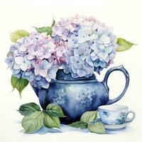 ai gegenereerd waterverf hortensia's in theepot geïsoleerd Aan wit achtergrond. ai gegenereerd foto