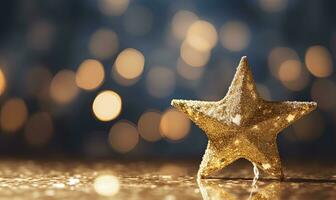 ai gegenereerd sprankelend gouden Kerstmis ster. ornament decoratie onscherp bokeh achtergrond. ai gegenereerd foto