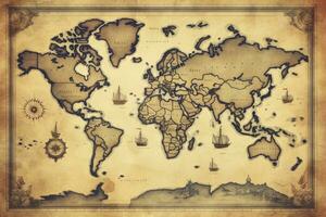 ai gegenereerd Super goed gedetailleerd illustratie van de wereld kaart in wijnoogst stijl. ai gegenereerd foto