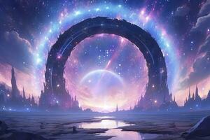 ai gegenereerd portaal naar een ander wereld. futuristische kosmisch landschap met cirkel tunnel in sterrenhemel lucht. generatief ai foto