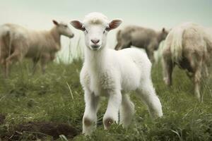 ai gegenereerd wit lam in een veld- in voorkant van andere dieren. generatief ai foto